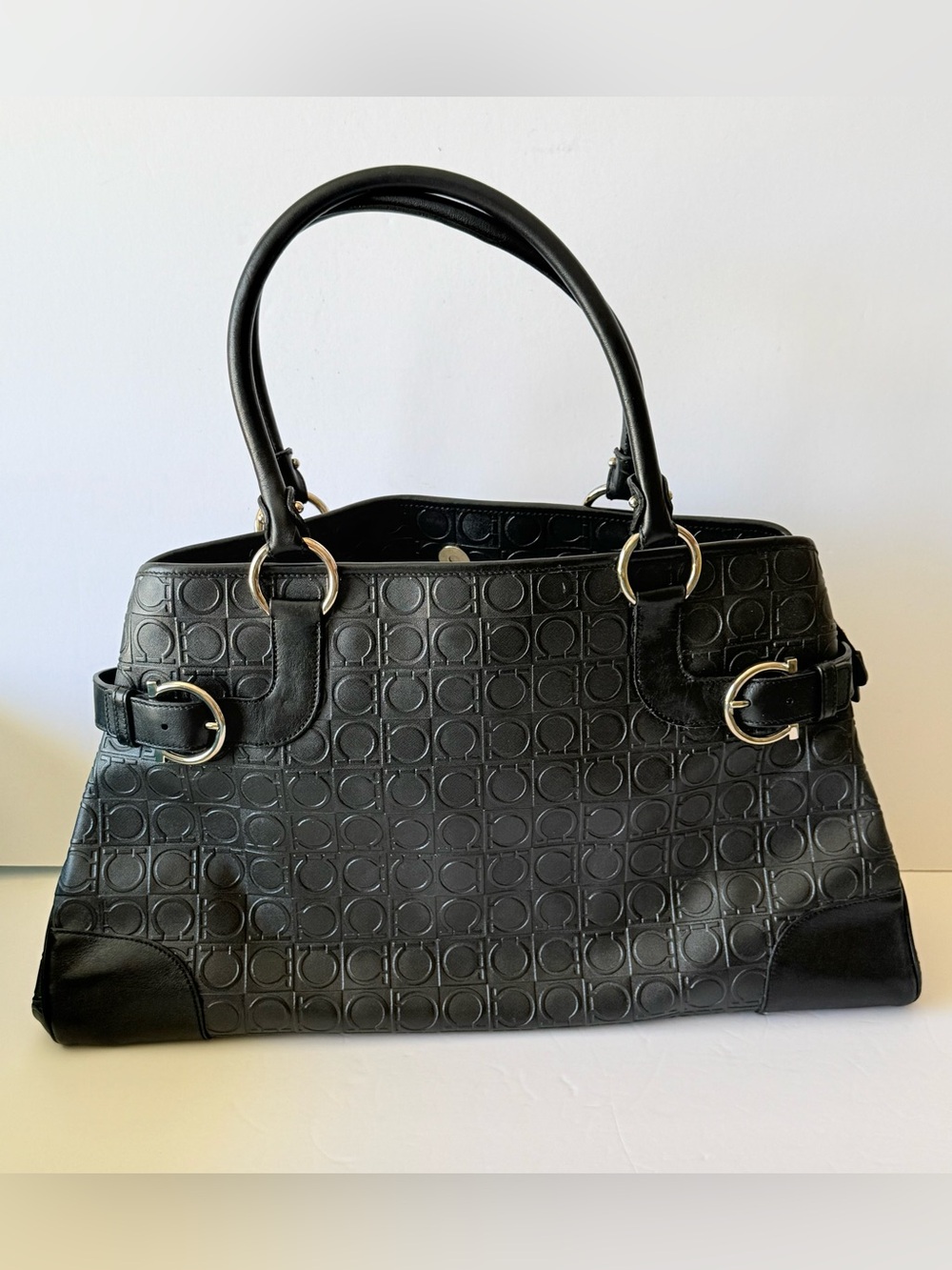 Salvatore Ferragamo Black Embossed Tote with Polished Hardware